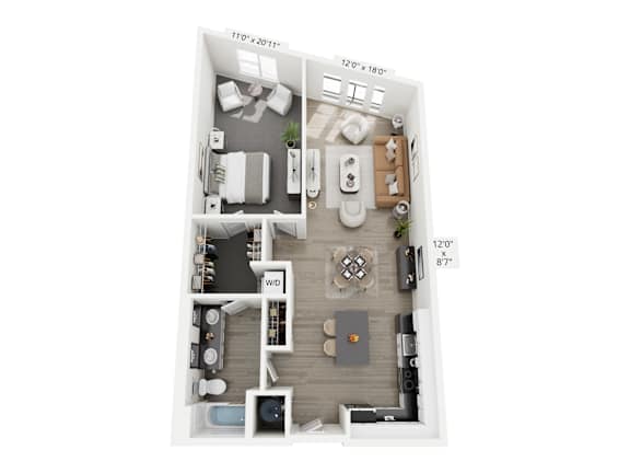 A floor plan of a small apartment with a kitchen, living room, and bathroom.
