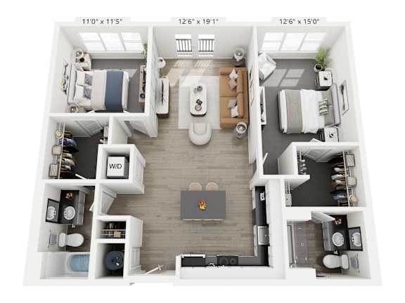 A floor plan of a small apartment with a living room, kitchen, and two bedrooms.