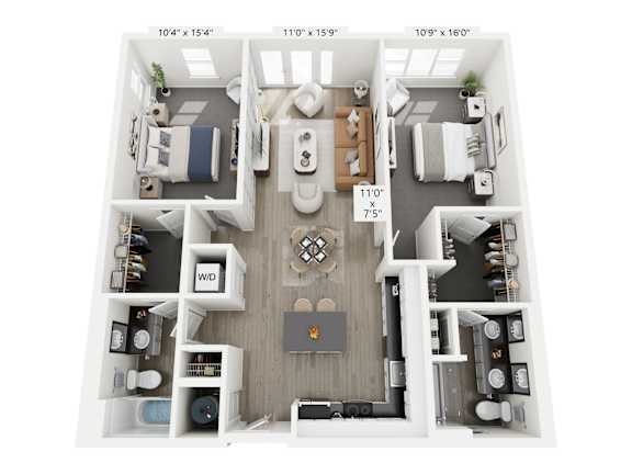The Balance floor plan at Contrast OTR in Cincinnati’s Over-the-Rhine is a two-bedroom, two-bath with open layout, walk-in closets, and in-unit laundry—ideal for modern downtown living near TQL Stadium