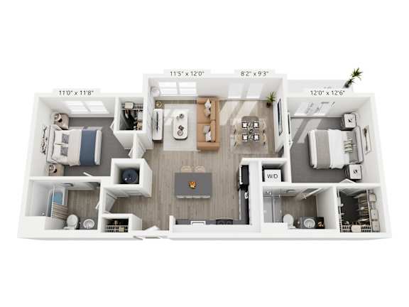 The Strata floor plan at Contrast OTR in Cincinnati’s Over-the-Rhine is a modern two-bedroom, two-bath apartment with open living, a large island kitchen, and in-unit laundry—ideal for luxury urban living near TQL Stadium and downtown Cincinnati