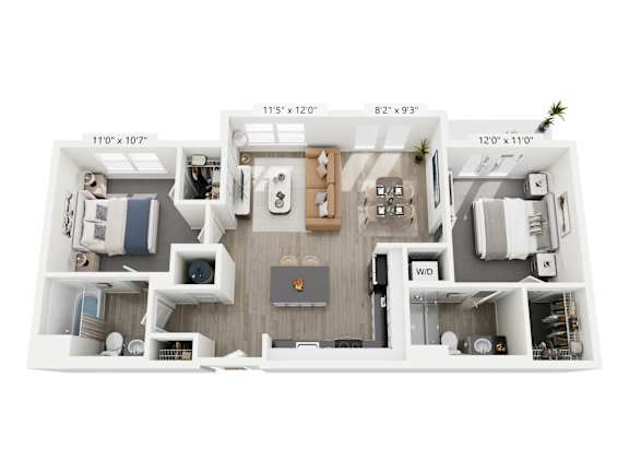 The Strata floor plan at Contrast OTR in Cincinnati’s Over-the-Rhine is a modern two-bedroom, two-bath apartment with open living, a large island kitchen, and in-unit laundry—ideal for luxury urban living near TQL Stadium and downtown Cincinnati