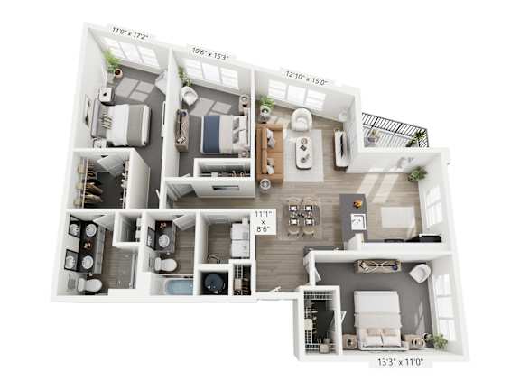 The Oblique floor plan at Contrast OTR in Cincinnati’s Over-the-Rhine is a three-bedroom, two-bath with a unique layout, open living, and in-unit laundry—perfect for upscale downtown living near TQL Stadium.