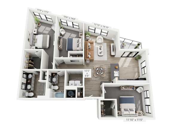 The Oblique floor plan at Contrast OTR in Cincinnati’s Over-the-Rhine is a three-bedroom, two-bath with a unique layout, open living, and in-unit laundry—perfect for upscale downtown living near TQL Stadium.