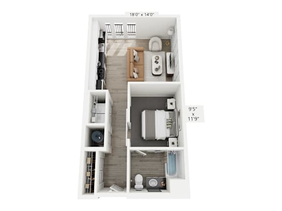 The Echo floor plan at Contrast OTR in Cincinnati’s Over-the-Rhine is a stylish studio apartment with an open layout, modern kitchen, sleeping nook, and in-unit washer and dryer—perfect for efficient urban living near downtown and TQL Stadium