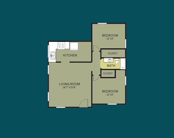 A floor plan of a house with a living room, kitchen, and two bedrooms.