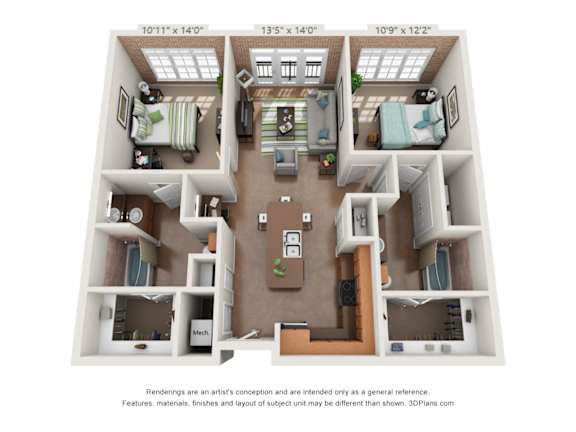 Two Bedroom B1 Floor Plan  at The Foundry, South Bend, IN 46617