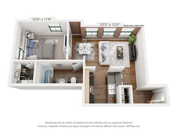 1 bedroom 1 bathroom Floor plan A at Harness Factory Lofts, Indianapolis