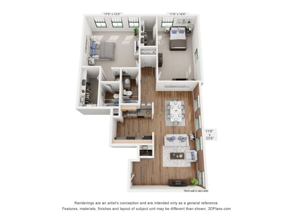 2 bedroom 2 bathroom Floor plan at Harness Factory Lofts, Indianapolis