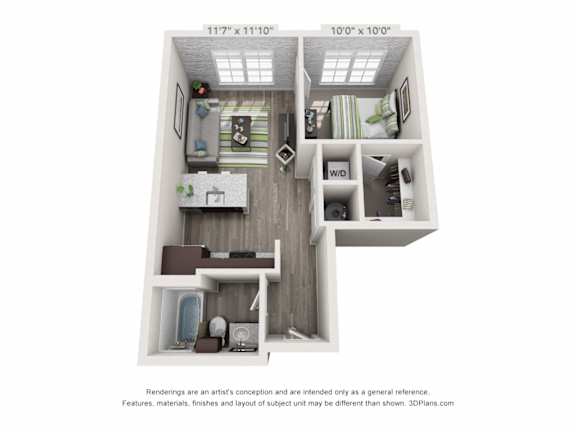One Bedroom Holtz Floor Plan at The Foundry, South Bend, IN 46617
