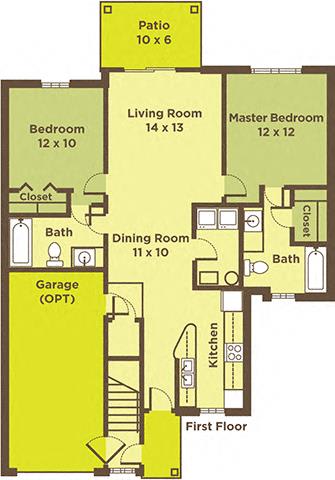 Two Bedroom Apartment FloorPlan at Heritage Trail Apartments, Terre Haute, 47803