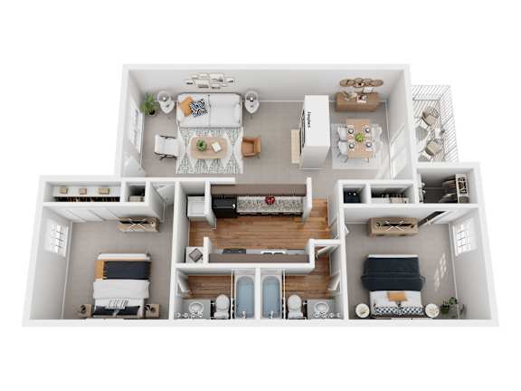A top-down view of a two-bedroom apartment with a living room, kitchen, and bathroom.