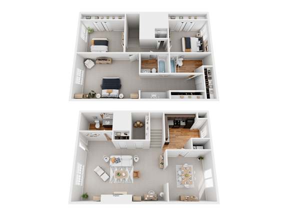 A floor plan of a two-story apartment with a living room, kitchen, bedrooms, and bathrooms.