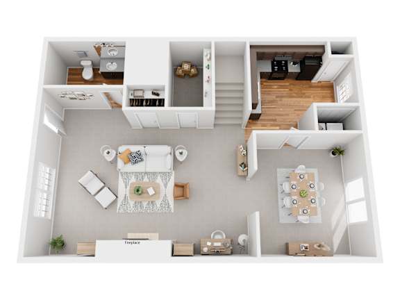 A top-down view of a modern apartment with a kitchen, living room, and bedroom.
