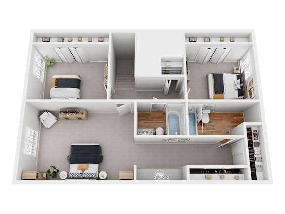 A top-down view of a small apartment with a kitchen, living room, and bathroom.