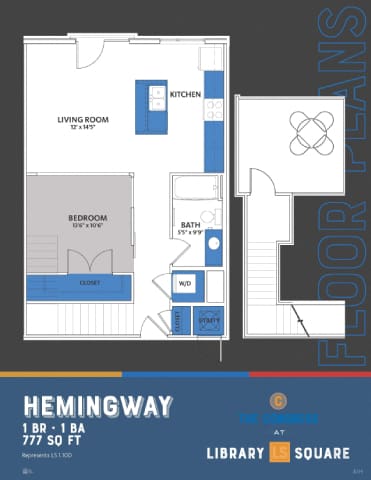 1 Bed Hemingway Floor Plan at The Congress at Library Square, Indianapolis, Indiana
