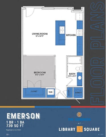 Steinbeck 1 Bed Floor Plan at The Congress at Library Square, Indiana, 46204