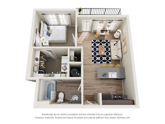 A 3D floor plan of a small apartment with a kitchen, living room, and bedroom.