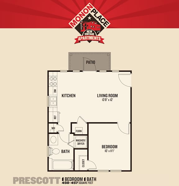 A floor plan for a one bedroom apartment at Monon Place.