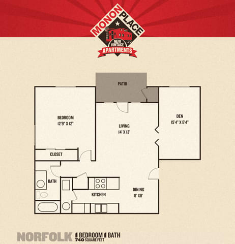 1 Bed 1 Bath Floor Plan at Monon Living, Indianapolis, IN, 46220