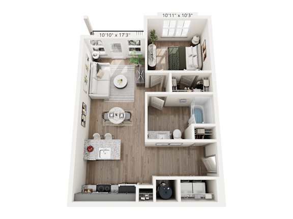 Spacious one-bedroom floor plan at Montage West Lafayette with kitchen island and private balcony.