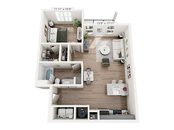 One-bedroom apartment floor plan at Montage West Lafayette featuring open living space and full kitchen.