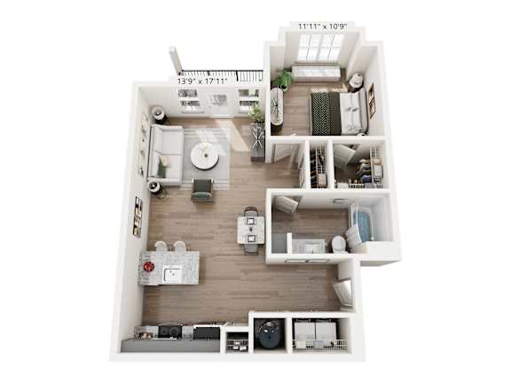 One-bedroom floor plan at Montage West Lafayette with modern kitchen and private bedroom suite.