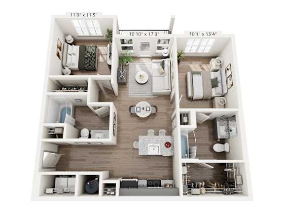 Two-bedroom, two-bath floor plan at Montage West Lafayette with open-concept living area.