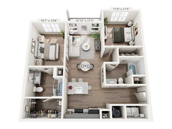 Two-bedroom apartment floor plan at Montage West Lafayette featuring dual bathrooms and modern kitchen.