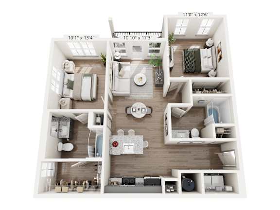 Two-bedroom floor plan at Montage West Lafayette with open kitchen, living room, and balcony access.