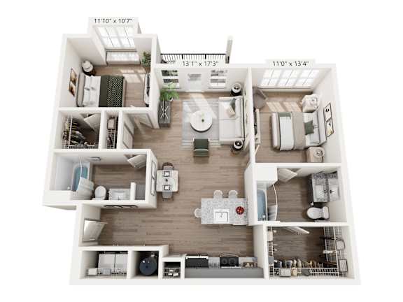 Modern two-bedroom, two-bath apartment layout at Montage West Lafayette.