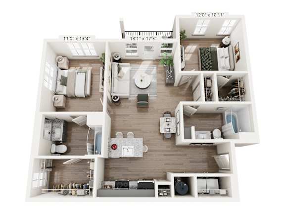 Two-bedroom apartment floor plan at Montage West Lafayette with bright living room and island kitchen.