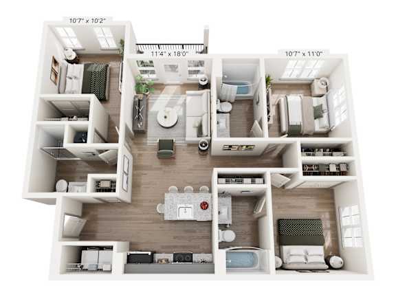 Three-bedroom apartment layout at Montage West Lafayette featuring open living area and ample storage.