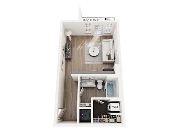 Studio apartment floor plan at Montage West Lafayette with open living area and full kitchen.