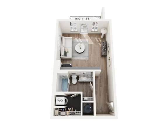 Studio apartment floor plan at Montage West Lafayette featuring modern finishes and efficient design.