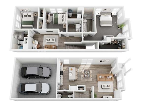 A top-down view of a two-story house with a living room, kitchen, and two bedrooms on the upper floor, and a garage with two cars on the lower floor.