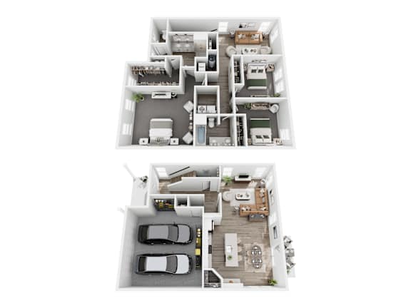 A floor plan of a two-story house with a garage and a living room with a kitchen.