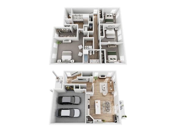 A floor plan of a two-story residential building with a garage.