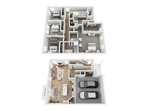 A floor plan of a two-story house with a garage and a living room.