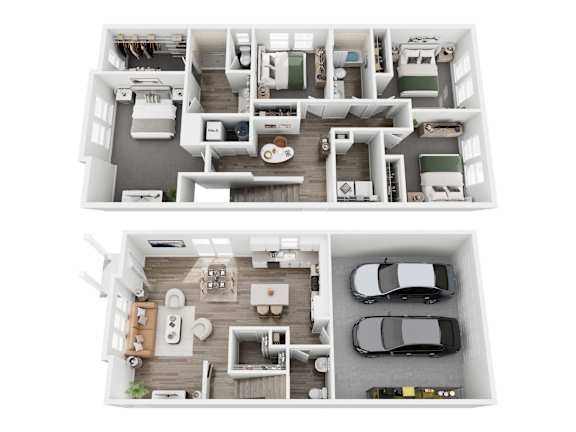 A top-down view of a two-story house with a garage and a parking area.