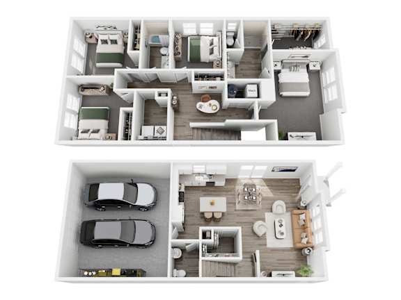 A top-down view of a two-bedroom apartment with a garage for two cars.