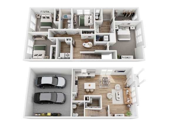 A top-down view of a house layout with two bedrooms, a living room, a kitchen, a dining area, and a garage with two cars.