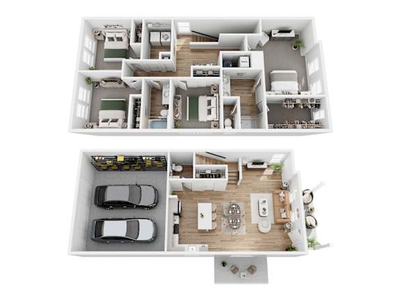 A top-down view of a house layout with a garage and a living area.