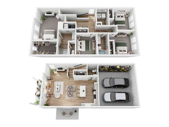 A top and bottom floor plan of a house with a garage.