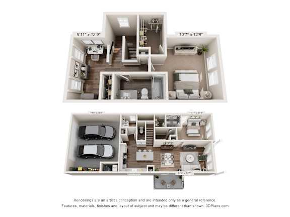 A floor plan of a two-bedroom apartment with dimensions and a disclaimer about the renderings.