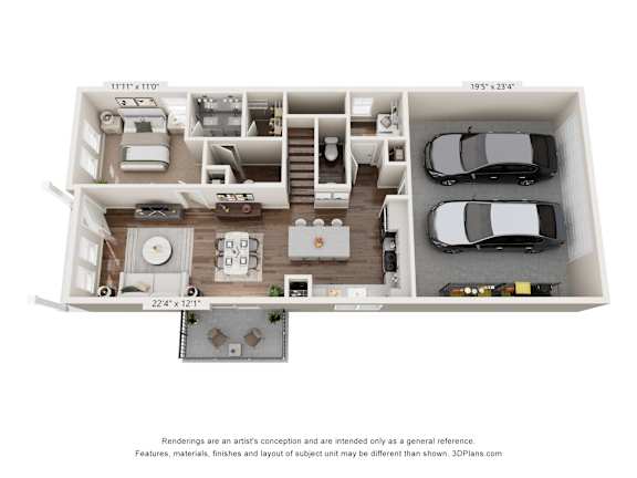 A 3D floor plan of a house with a kitchen, living room, and two bedrooms.