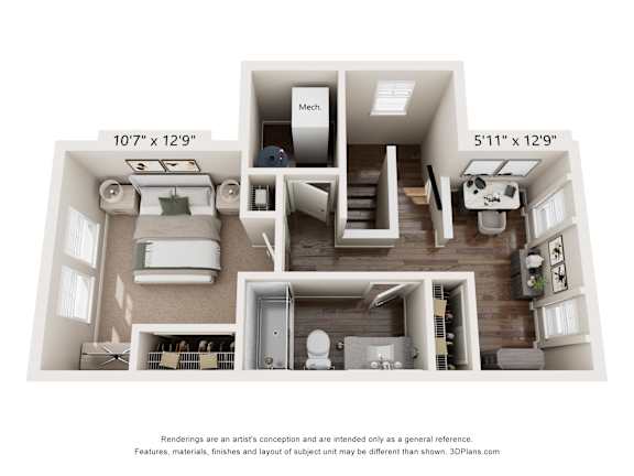 A floor plan of a two-bedroom apartment with a living room, kitchen, and bathroom.