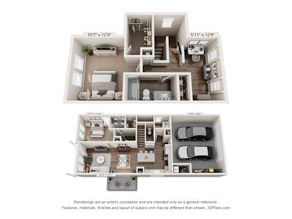 A floor plan of a two-bedroom apartment with a living room, kitchen, and bathroom.