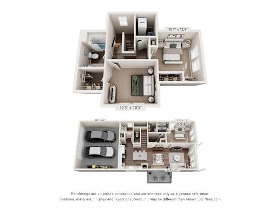 A 3D floor plan of a house with a garage and a car.