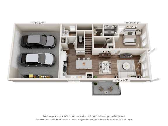 A floor plan of a house with a garage and a living room.