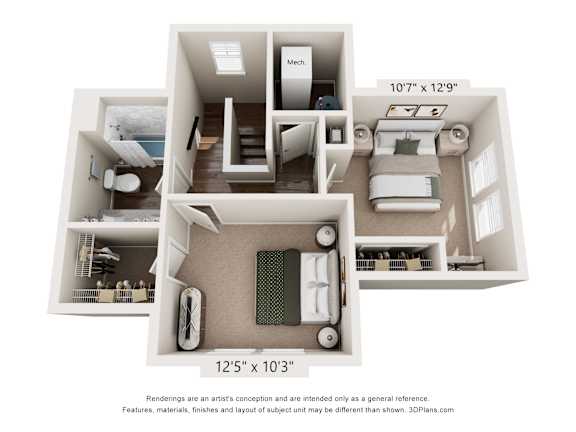A 3D floor plan of a house with a kitchen, living room, and bathroom.